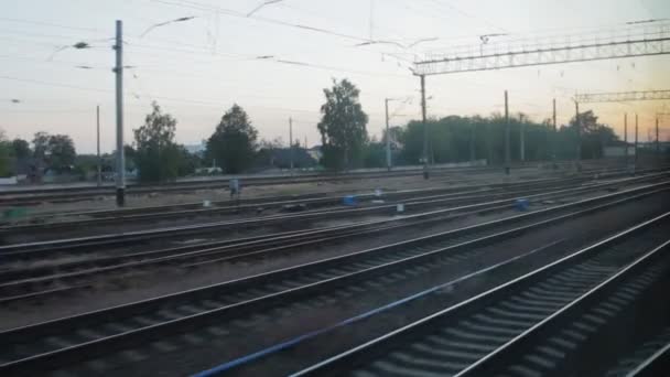 Widok z okna pociągu, sporo torów kolejowych — Wideo stockowe