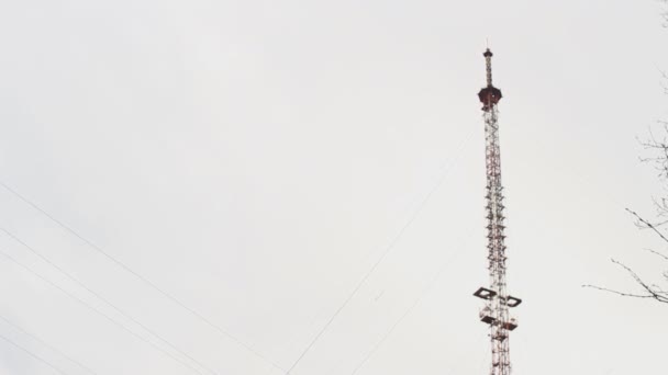 O empregado cansado remove o capacete da cabeça e limpa o suor de sua testa contra a parte de trás da torre de telefone — Vídeo de Stock