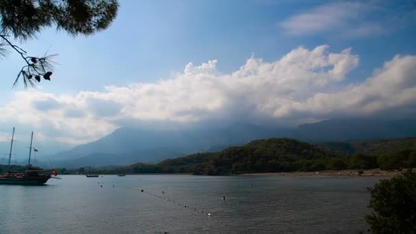 海岸近くに立っているトルコの旗の下で帆船 — ストック動画