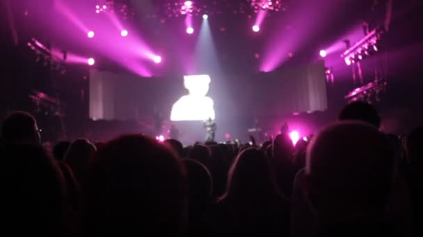 O público do concerto a acenar com as mãos, no palco um espectáculo de luzes, um concerto — Vídeo de Stock