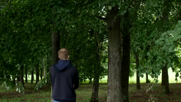 Een man staat en kijkt naar een strop met een touw dat hangt aan een boom, denkt over zelfmoord opknoping, hangen zichzelf — Stockvideo