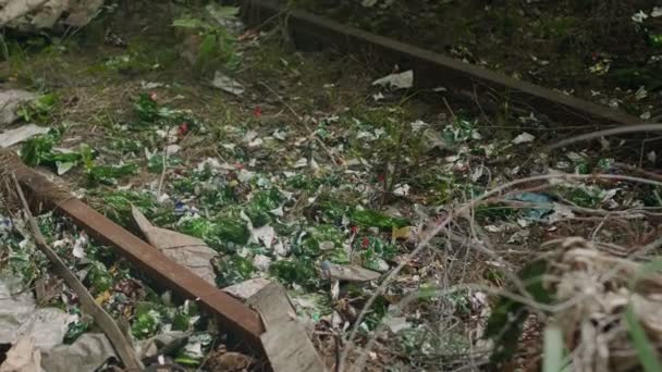 Lixo e garrafas de plástico estão deitados no chão, poluição ambiental — Vídeo de Stock