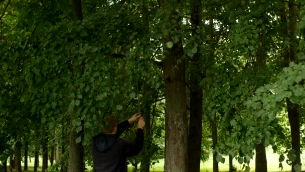 Muž kontroluje sevření na laně připoutaný ke stromu, příprava na sebevraždu, zablokuje se sám — Stock video
