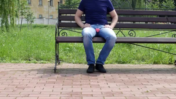 Un hombre se sienta en un banco y sostiene entre sus piernas un corazón rosado, homosexualidad, matrimonio entre personas del mismo sexo, macho — Vídeos de Stock