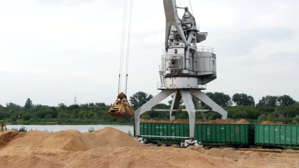 Grúa portuaria carga vagones ferroviarios de carga con virutas de madera, exportaciones, exportaciones, virutas — Vídeos de Stock