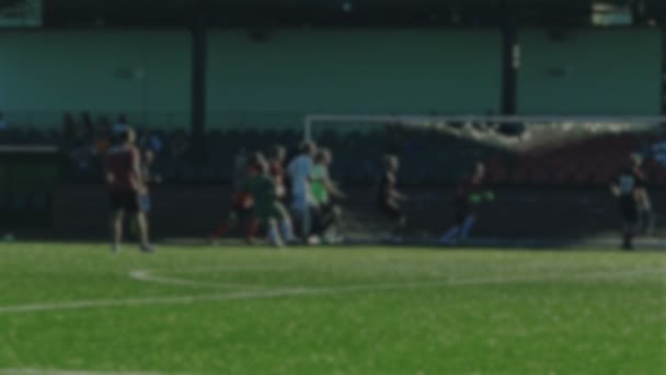 Goalkeeper catches a ball by hands and save a net during soccer game, football player attacks, blurred for background — Stock Video