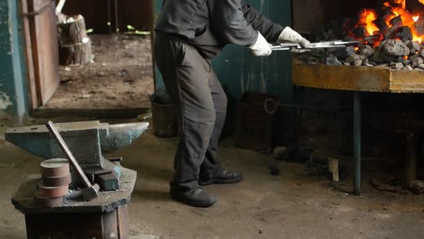 Un herrero invierte las partes de metal rojo-caliente en el horno, tratamiento térmico, endurecimiento y calentamiento de metal, forja, lento-mo — Vídeo de stock