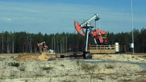 Добыча нефти насосами на нефтяной скважине в России — стоковое видео