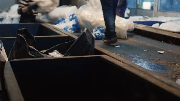 Transportband för manuell sortering av polyeten, smutsiga jobb — Stockvideo