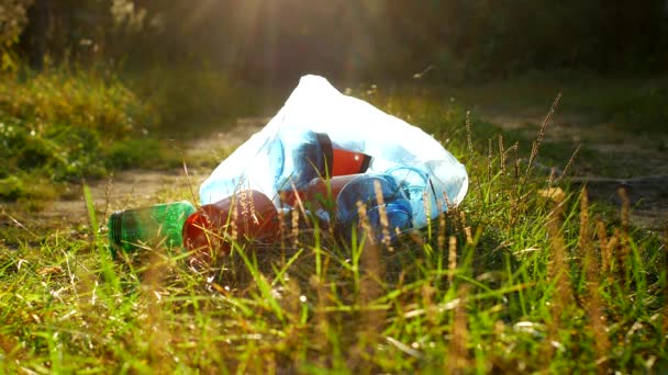 Пакет пластикових сміття лежить в лісі на лісовій дорозі, забруднення природи, сміття та природи, сонце, крупним планом, сміття — стокове відео