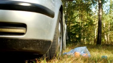 Mavi bir çanta çöp yalan car yakınındaki niteliğine plastik şişe ile kirliliği doğa tarafından plastik atık, çöp ve bir araba, çöp