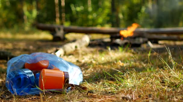 Μια τσάντα από πλαστικά μπουκάλια των απορριμμάτων βρίσκεται στο ξέφωτο, μια πυρκαγιά καίει, υπαίθρια αναψυχή, άνθρωποι δεν έλαβε τα σκουπίδια τους μετά από υπαίθρια αναψυχή — Αρχείο Βίντεο