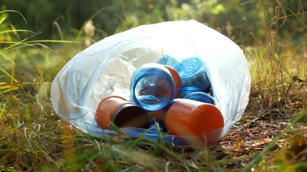 Basura en una bolsa de plástico botellas de plástico se encuentran en la hierba, en la naturaleza, la basura y la naturaleza, la contaminación de la naturaleza, primer plano — Vídeos de Stock