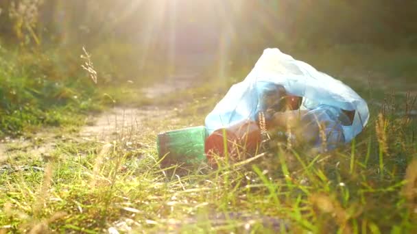 Um pacote de lixo plástico encontra-se na floresta em uma estrada florestal, poluição da natureza, lixo e natureza, o sol, close-up — Vídeo de Stock