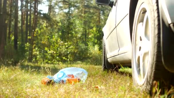 Un sac bleu avec des bouteilles en plastique de déchets se trouve sur la nature près de la voiture, la pollution de la nature par les déchets plastiques, les ordures et une voiture, la litière — Video