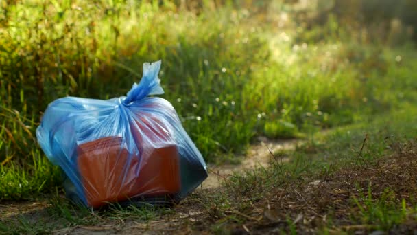 Pakiet plastikowych śmieci znajduje się w lesie na leśnej drodze, zanieczyszczenia przyrody, śmieci i natura, kosz — Wideo stockowe