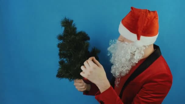 Ano Novo 2019, homem como um Papai Noel vê árvore de Natal e bola vermelha brinquedo de bugiganga, no fundo azul — Vídeo de Stock