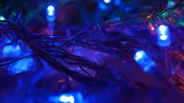Noel yanıp yanıp sönen garland, gece dekorasyon aydınlatma, yeni yıl 2019, arka plan kopya alanı karınca metin yer açtı.