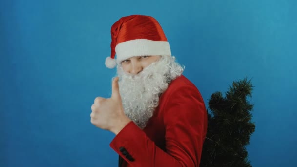 Año nuevo 2019, el hombre como un Santa con un árbol de Navidad muestra el pulgar hacia arriba como, sobre fondo azul — Vídeos de Stock