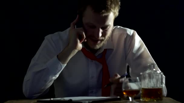 Young Businessman Talks Nervously Phone Alcohol Table Documents Sign Angry — Stock Video