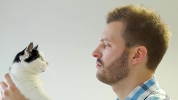 Jeune homme caucasien à la mode apporte un chat à son visage et la regarde, gros plan, fond blanc, coiffure — Video