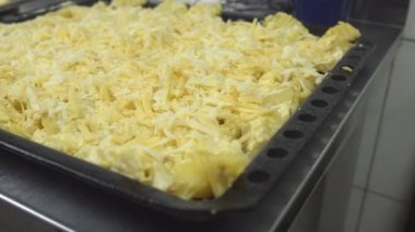 Patates fırında pişirme için peynirli büyük tava yakın çekim, 4k