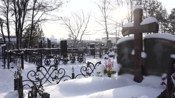 Християнський хрест на могилі на цвинтарі або кладовищі взимку в лісі — стокове відео