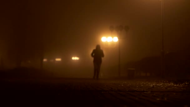Callejón nocturno en la niebla y faroles iluminados en los que la gente camina, sombra — Vídeos de Stock