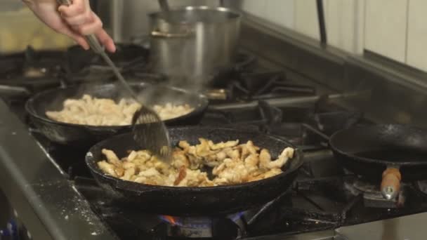 Ein Koch bereitet in der Küche gebratenes Fleisch mit Pilzen zu, ein Restaurant, ein Gericht, Slow Food — Stockvideo