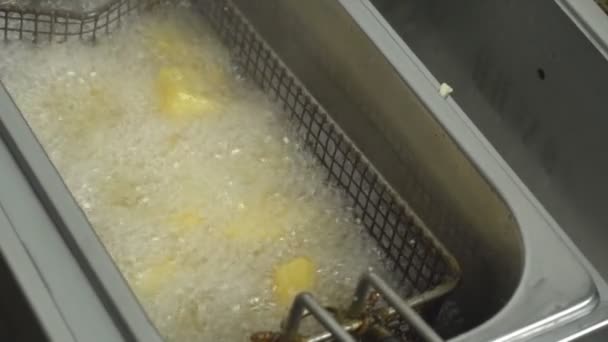 Cooking potatoes in a deep fryer, roasting in oil, junk food, close-up, slow mo — Stock Video