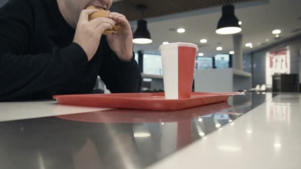 空腹を食べる、おいしいチキン ハンバーガーやスローモーションでハンバーガー — ストック動画