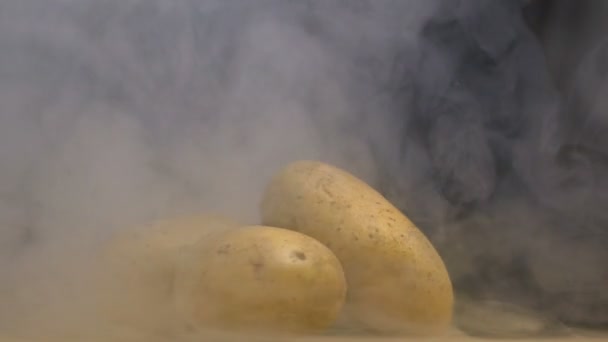 Russet potatoes are spinning in smoke in slow motion, copy space — Stock Video