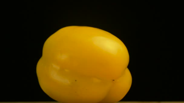 Słodka papryka żółta lub capsicum spin w zwolnionym tempie, z bliska, czarne tło — Wideo stockowe
