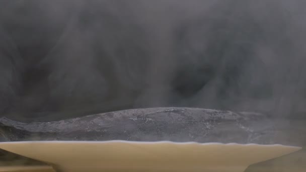 Congelato pesce crudo Scomber su un piatto a freddo, vapore dal gelo, cloese fino 4K — Video Stock