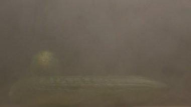 Hangi buharlaşma gider, yakın çekim, yavaş hareket duman siyah bir zemin üzerine dönen taze sebze salatalık