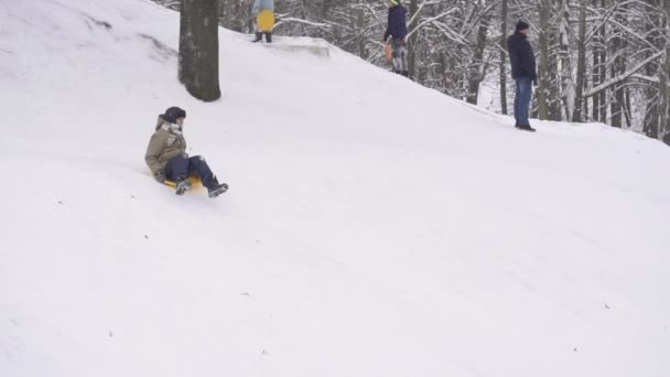 Bobruisk, Vitryssland - 6 januari 2019: Barnet Rider från berget på en släde och falls, långsamma mo — Stockvideo