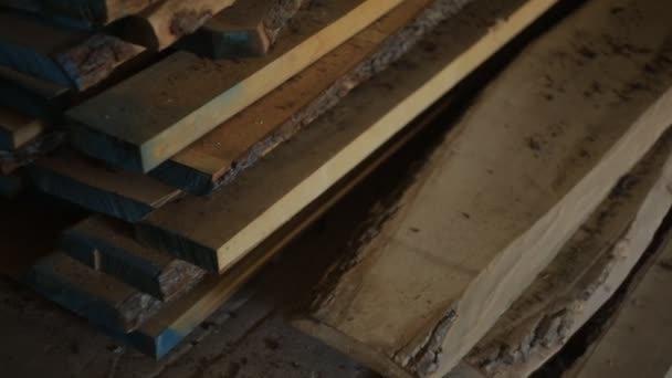 Planches de bois reposent sur le sol, le bois ou le bois est dans l'atelier de meubles — Video