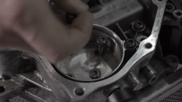 Dismantling automotive modern automatic transmission DSG7, wet grip, close-up — Stock Video