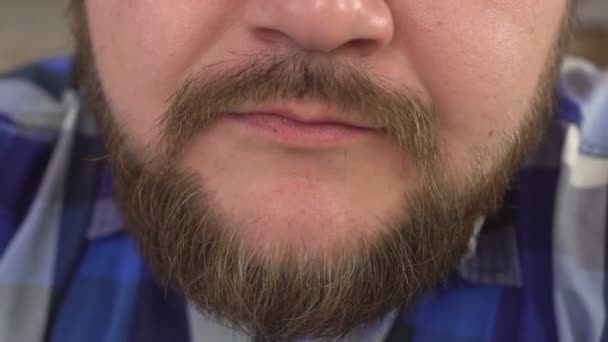脂肪チップ 不健康な脂肪の多い食べ物 クローズ アップ スローモーションを食べる髭デブ男 — ストック動画