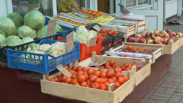 白俄罗斯博布鲁伊斯克-2018年11月22日-销售水果和蔬菜的食品市场, 慢动作 — 图库视频影像