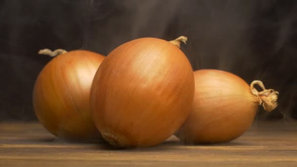 Frische Zwiebeln, aus denen Kälte und Frische weht, Nahaufnahme, Zeitlupe, Bogen — Stockvideo