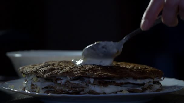 Das Mädchen bereitet einen Leberkuchen zu, Nahaufnahme, ein Gericht Leber, schmiert Mayonnaise auf die Kuchenschichten, slo-mo — Stockvideo