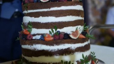 Büyük festival uzun boylu çikolatalı kek ile doğal çilek, yakın çekim, düğün