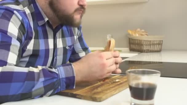 Dikke Man Met Een Baard Gorges Hamburgers Junkfood Junkfood Tijdspanne — Stockvideo