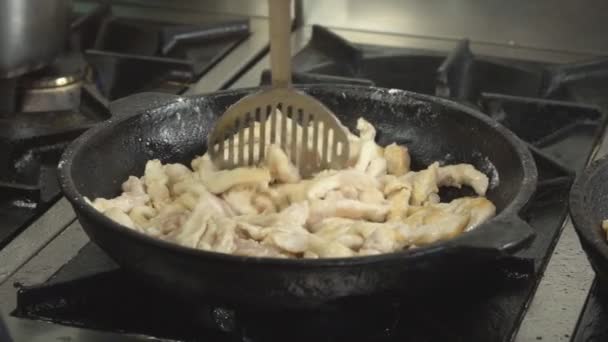 Cuire la préparation de morceaux de viande frits dans une poêle dans un restaurant, close-up, slow mo, filet — Video