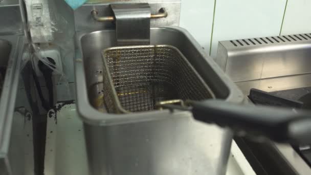 Fritösen i köket på en snabbmatsrestaurang för stekning potatis med smör, närbild, kolesterol — Stockvideo