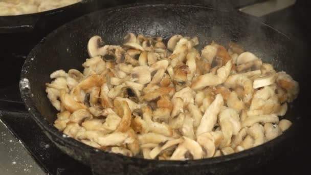 Beef meat with mushrooms fried in a pan, close-up, background, slow motion — Stock Video