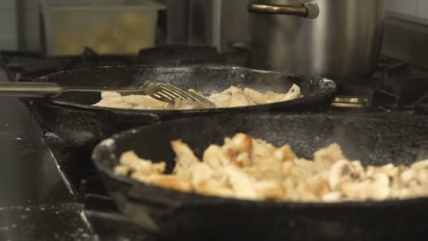 Gebakken vlees met champignons op twee pannen uit welke stoom komt. restaurant keuken, close-up, achtergrond, slow-motion — Stockvideo