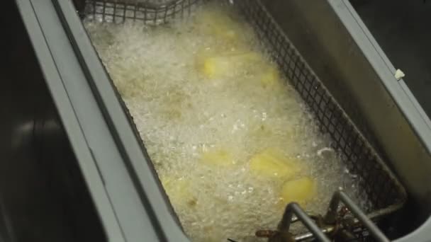 Hergebruik van plantaardige olie die in restaurant friteuse in slow motion kookt, koken op zonnebloemolie in cafés keuken in slowmo, vette en hoge calorische fastfood van geroosterde aardappel frietjes — Stockvideo