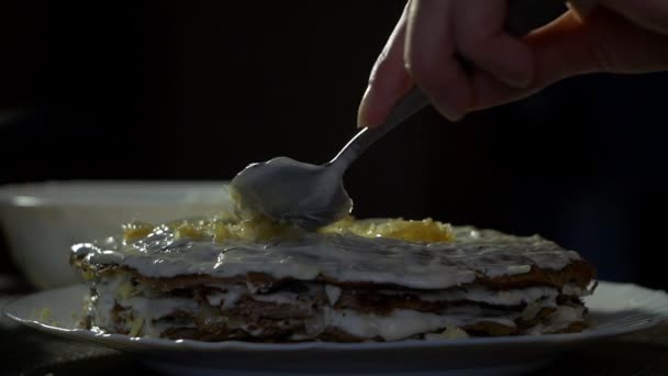 La jeune fille prépare un gâteau au foie, gros plan, un plat de foie, frottis mayonnaise sur les couches de gâteau, nourriture grasse, Xo@-@ mo — Video